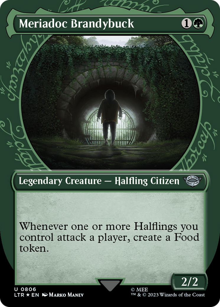 Meriadoc Brandybuck (Surge Foil) (LTR-806) [The Lord of the Rings: Tales of Middle-earth] (Showcase) (Borderless) Foil MTG Single Wizards of the Coast