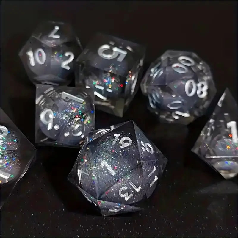 Seriously Good Dice: Liquid Core 7 Die Set "Rolling Quicksand" Silver/Black w/ Silver Dice & Gaming Accessories Taps Imports