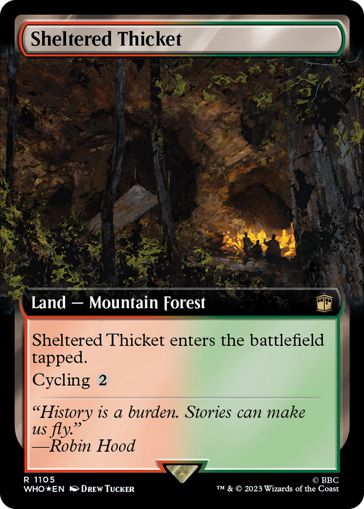 Sheltered Thicket (Surge Foil) (WHO-1105) [Doctor Who] (Extended Art) Foil MTG Single Wizards of the Coast