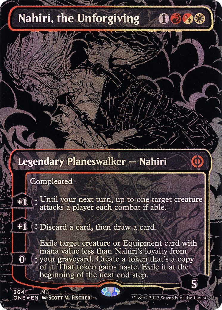 Nahiri, the Unforgiving (Oil Slick Raised Foil) (ONE-364) [Phyrexia: All Will Be One] (Borderless) Foil MTG Single Wizards of the Coast