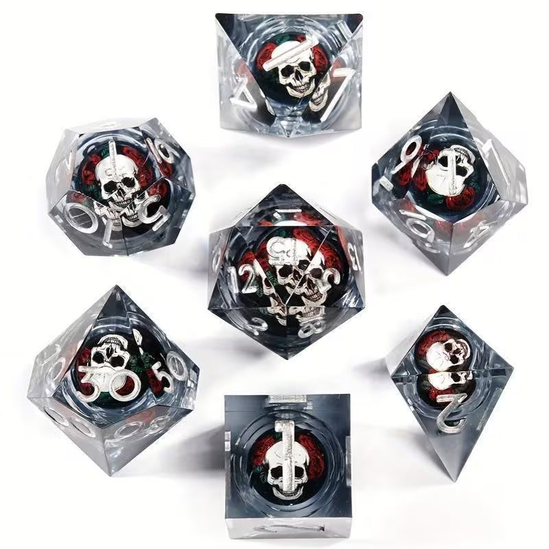 Seriously Good Dice: Liquid Core 7 Die Set "Floating Skull" Clear w/ Silver Dice & Gaming Accessories Taps Imports
