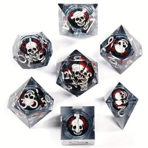 Seriously Good Dice: Liquid Core 7 Die Set "Floating Skull" Clear w/ Silver Dice & Gaming Accessories Taps Imports