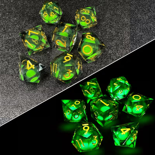 Seriously Good Dice: Liquid Core 7 Die Set "Glowing Quicksand" Black/Green with Gold Dice & Gaming Accessories Taps Imports