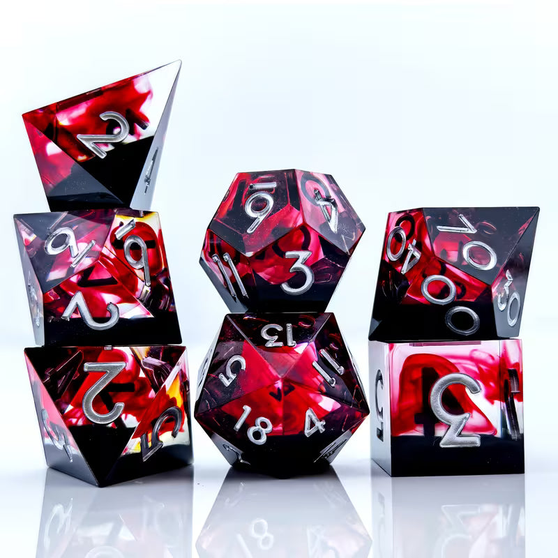 Seriously Good Dice: Sharp-Edged Resin 7 Die Set Black and Red w/Silver Dice & Gaming Accessories Taps Imports