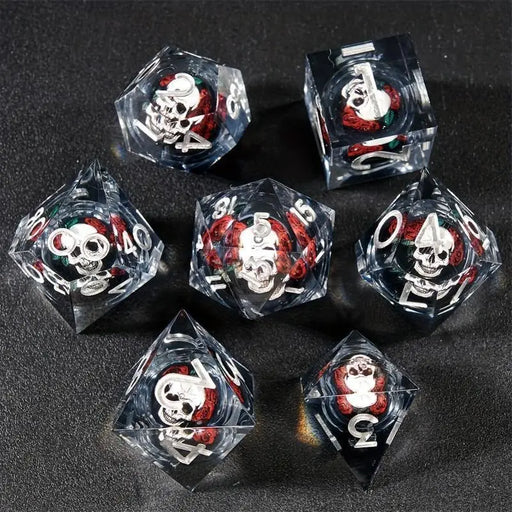 Seriously Good Dice: Liquid Core 7 Die Set "Black Floating Skull" Clear w/ Silver Dice & Gaming Accessories Taps Imports