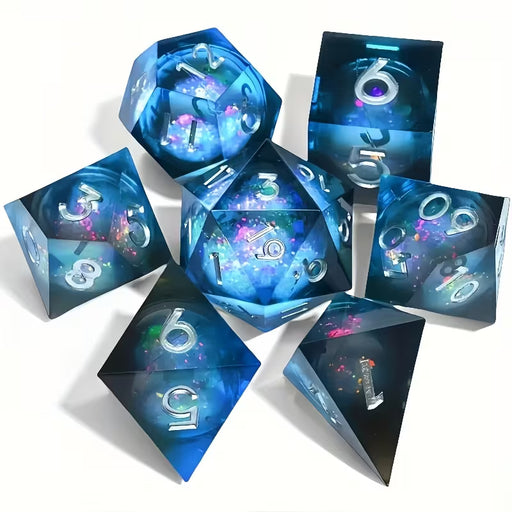 Seriously Good Dice: Liquid Core 7 Die Set "Rolling Quicksand" Blue/Black w/ Silver Dice & Gaming Accessories Taps Imports