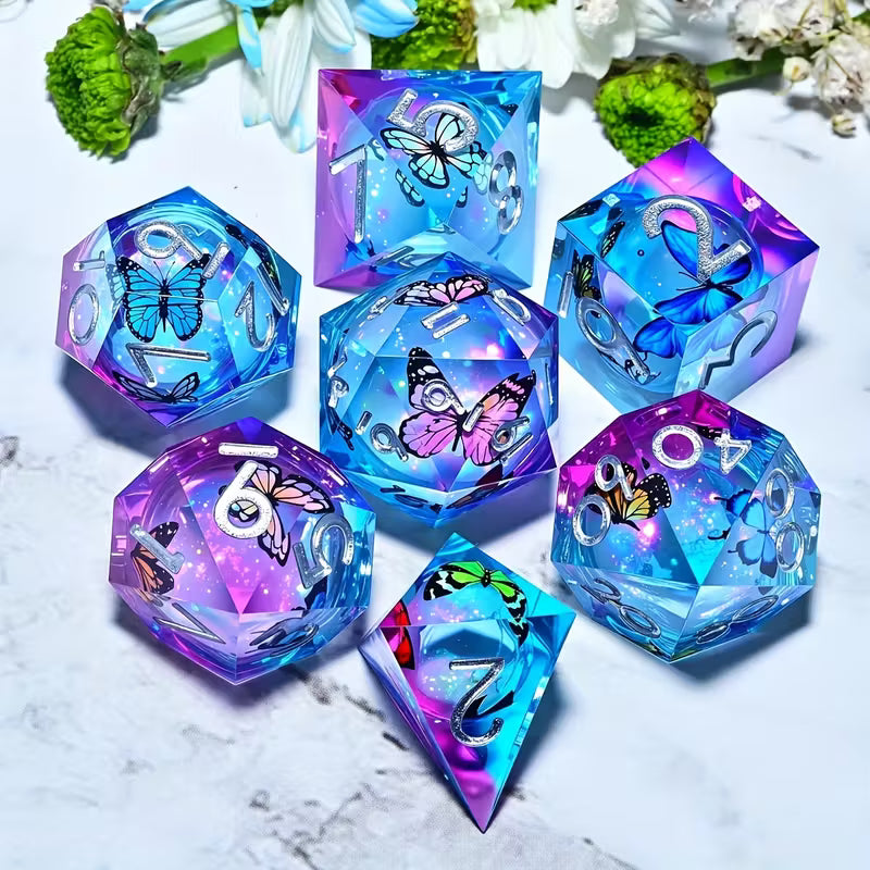 Seriously Good Dice: Sharp-Edged Resin 7 Die Set "Butterflies" Blue Red w/ Silver Dice & Gaming Accessories Taps Imports