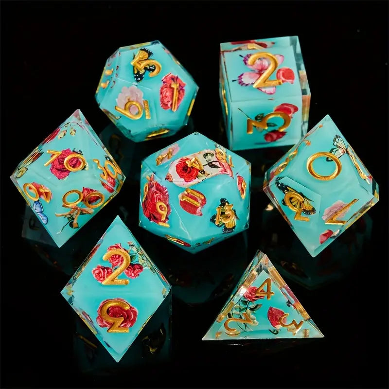 Seriously Good Dice: 7 Die Set Blue Rose Flower w/ Gold Dice & Counters Taps Imports