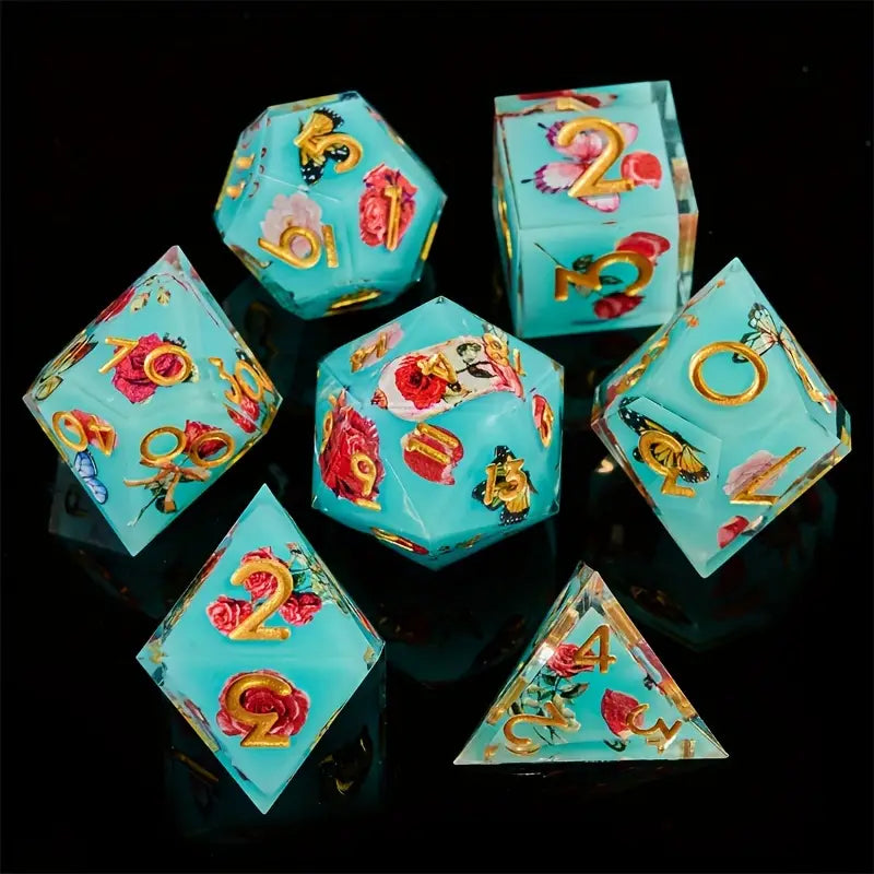 Seriously Good Dice: 7 Die Set Blue Rose Flower w/ Gold Dice & Gaming Accessories Taps Imports