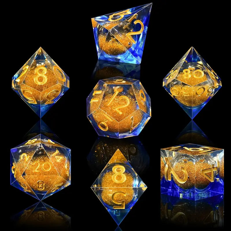 Seriously Good Dice: Glimmering Quicksand 7 Die Set "Gold Blue w/ Gold" Dice & Gaming Accessories Taps Imports