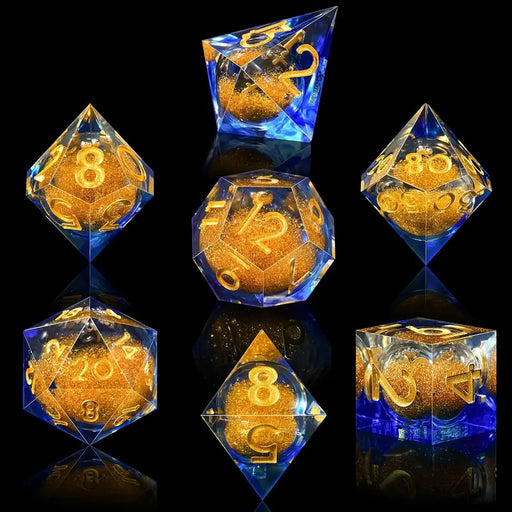 Seriously Good Dice: Glimmering Quicksand 7 Die Set "Gold Blue w/ Gold" Dice & Gaming Accessories Taps Imports