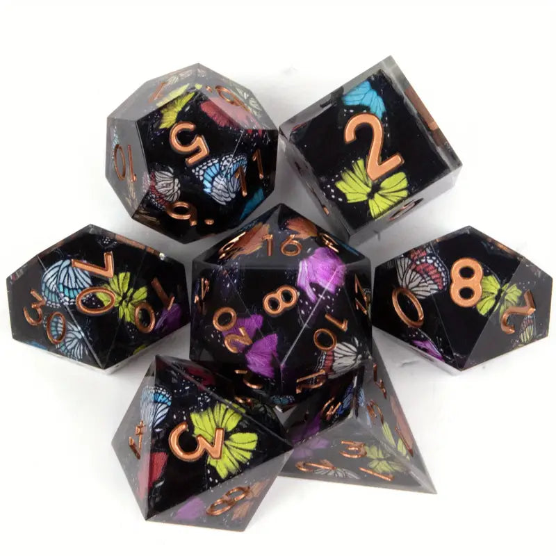 Seriously Good Dice: Sharp-Edged Resin 7 Die Set "Butterflies" Black w/ Gold Dice & Gaming Accessories Taps Imports