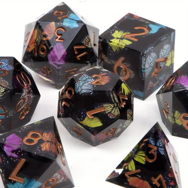 Seriously Good Dice: Sharp-Edged Resin 7 Die Set "Butterflies" Black w/ Gold Dice & Gaming Accessories Taps Imports