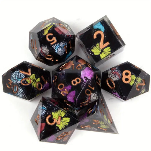 Seriously Good Dice: Sharp-Edged Resin 7 Die Set "Butterflies" Black w/ Gold Dice & Gaming Accessories Taps Imports