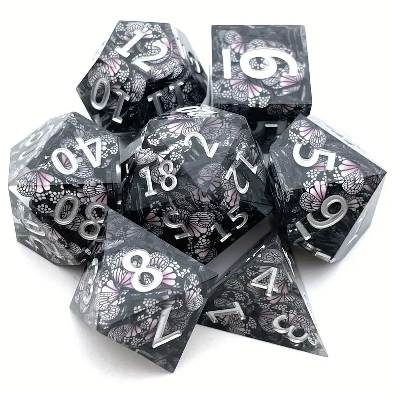 Seriously Good Dice: Silver Butterflies 7 Die Set "Smoky w/ Silver" Dice & Gaming Accessories Taps Imports