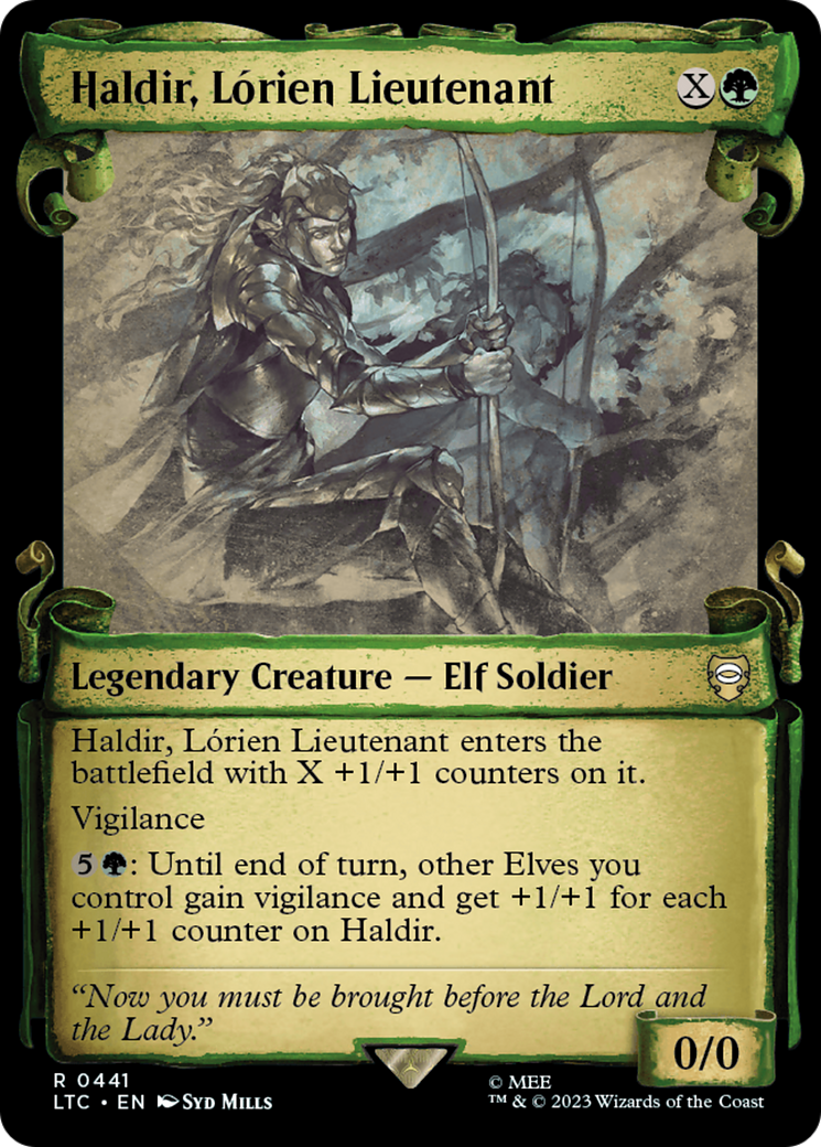 Haldir, Lorien Lieutenant (Showcase Scrolls) (LTC-441) [Tales of Middle-earth Commander] (Showcase) Foil MTG Single Wizards of the Coast