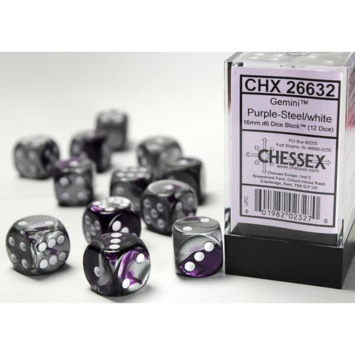 Chessex: Purple Steel/White Gemini 12Ct D6 Dice Set: 16mm Dice & Gaming Accessories Chessex