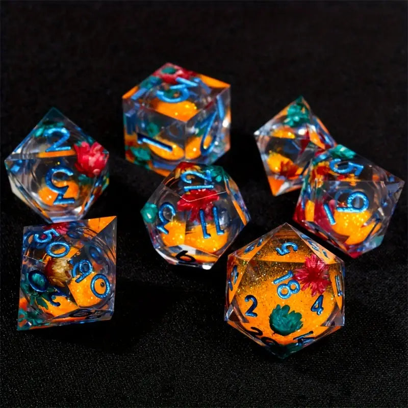 Seriously Good Dice: Liquid Core 7 Die Set "Rolling Quicksand" Flowers w/ Blue Dice & Gaming Accessories Taps Imports