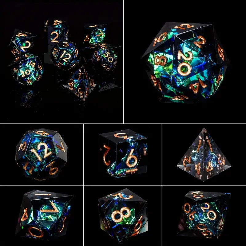 Seriously Good Dice: 7 Die Set "Floating Foil" Green/Black w/ Copper Dice & Gaming Accessories Taps Imports