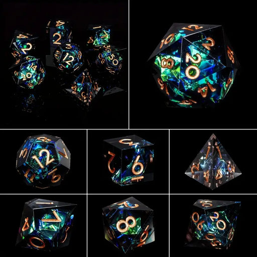Seriously Good Dice: 7 Die Set "Floating Foil" Green/Black w/ Copper Dice & Gaming Accessories Taps Imports