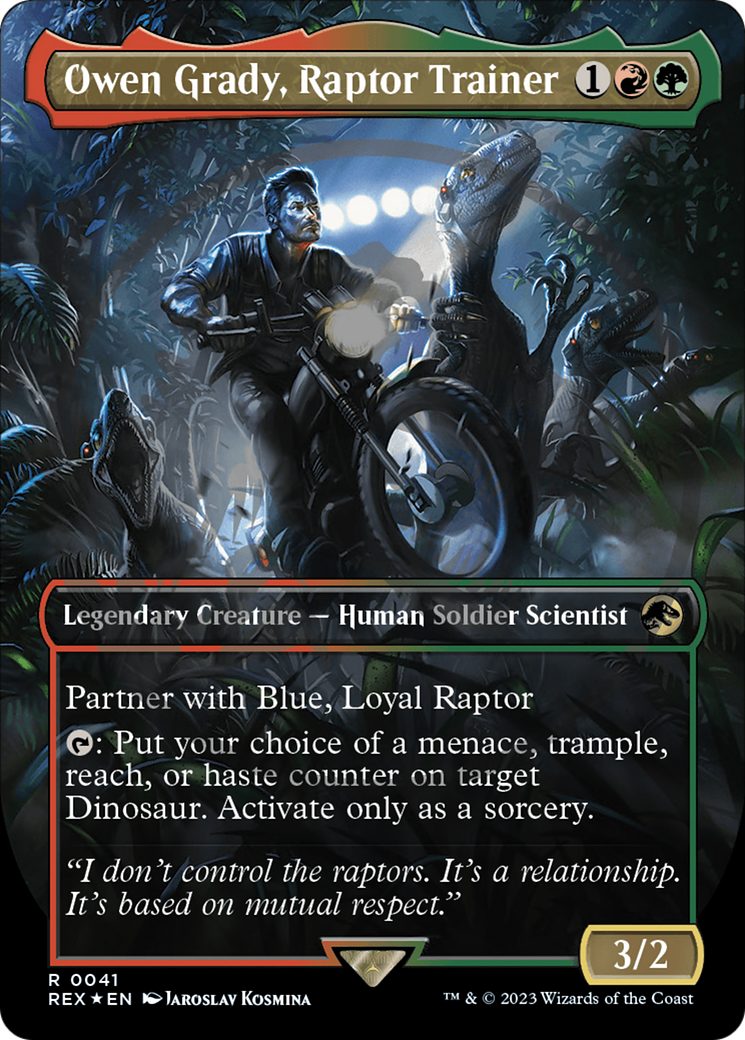 Owen Grady, Raptor Trainer (Emblem) (REX-041) [Jurassic World Collection] (Borderless) Foil MTG Single Wizards of the Coast