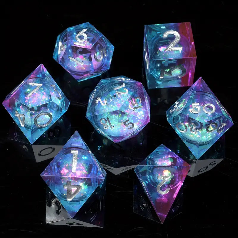 Seriously Good Dice: Liquid Core 7 Die Set "Rolling Quicksand" Blue/Purple w/ Silver Dice & Counters Taps Imports   