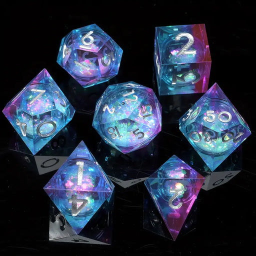 Seriously Good Dice: Liquid Core 7 Die Set "Rolling Quicksand" Blue/Purple w/ Silver Dice & Gaming Accessories Taps Imports