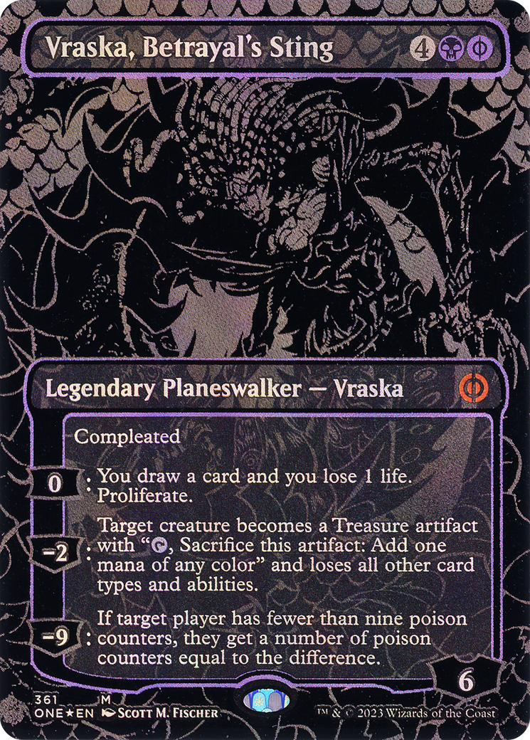Vraska, Betrayal's Sting (Oil Slick Raised Foil) (ONE-361) [Phyrexia: All Will Be One] (Borderless) Foil MTG Single Wizards of the Coast