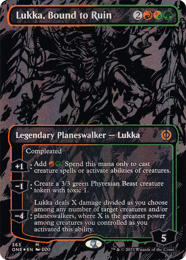 Lukka, Bound to Ruin (Oil Slick Raised Foil) (ONE-363) [Phyrexia: All Will Be One] (Borderless) Foil MTG Single Wizards of the Coast