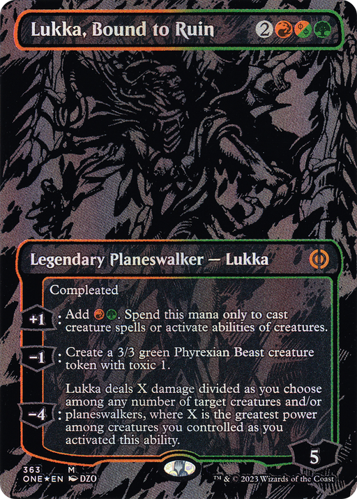 Lukka, Bound to Ruin (Oil Slick Raised Foil) (ONE-363) [Phyrexia: All Will Be One] (Borderless) Foil MTG Single Wizards of the Coast