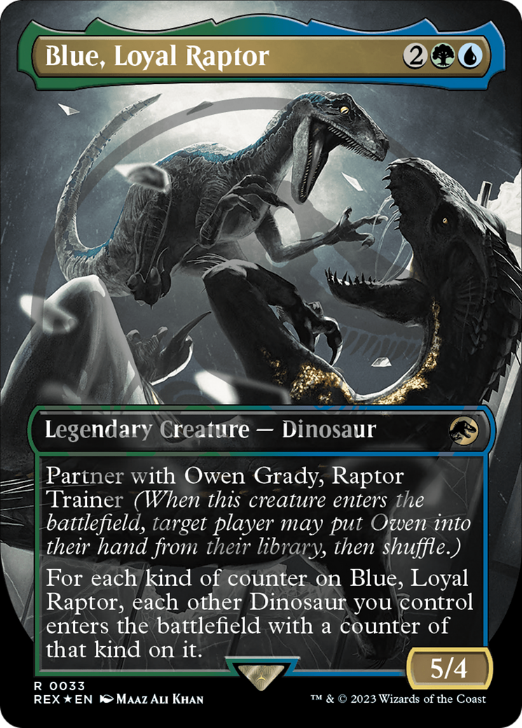 Blue, Loyal Raptor (Emblem) (REX-033) [Jurassic World Collection] (Borderless) Foil MTG Single Wizards of the Coast