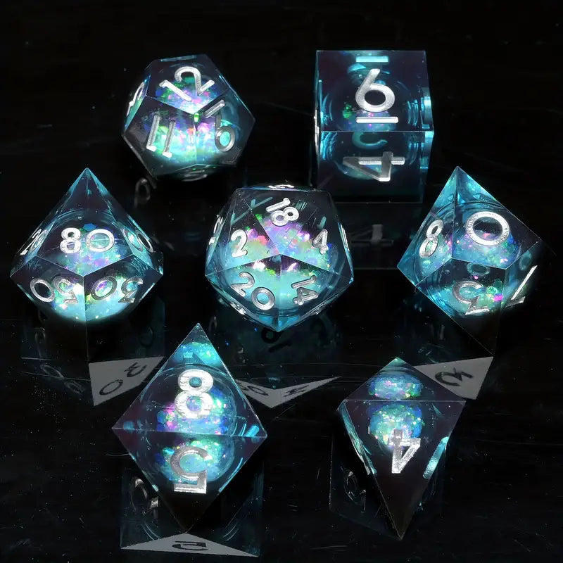 Seriously Good Dice: Liquid Core 7 Die Set "Rolling Quicksand" Blue/Black w/ Silver Dice & Counters Taps Imports   