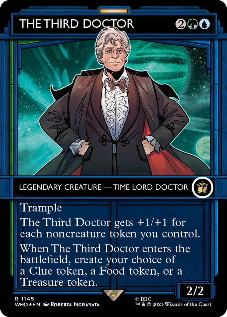 The Third Doctor (Surge Foil) (WHO-1145) [Doctor Who] (Showcase) (Borderless) Foil MTG Single Wizards of the Coast