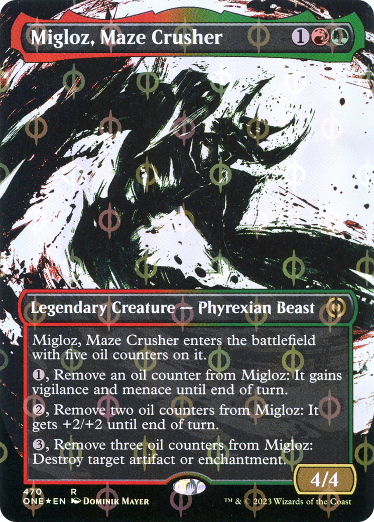 Migloz, Maze Crusher (Step-and-Compleat Foil) (ONE-470) [Phyrexia: All Will Be One] (Showcase) (Borderless) Foil MTG Single Wizards of the Coast
