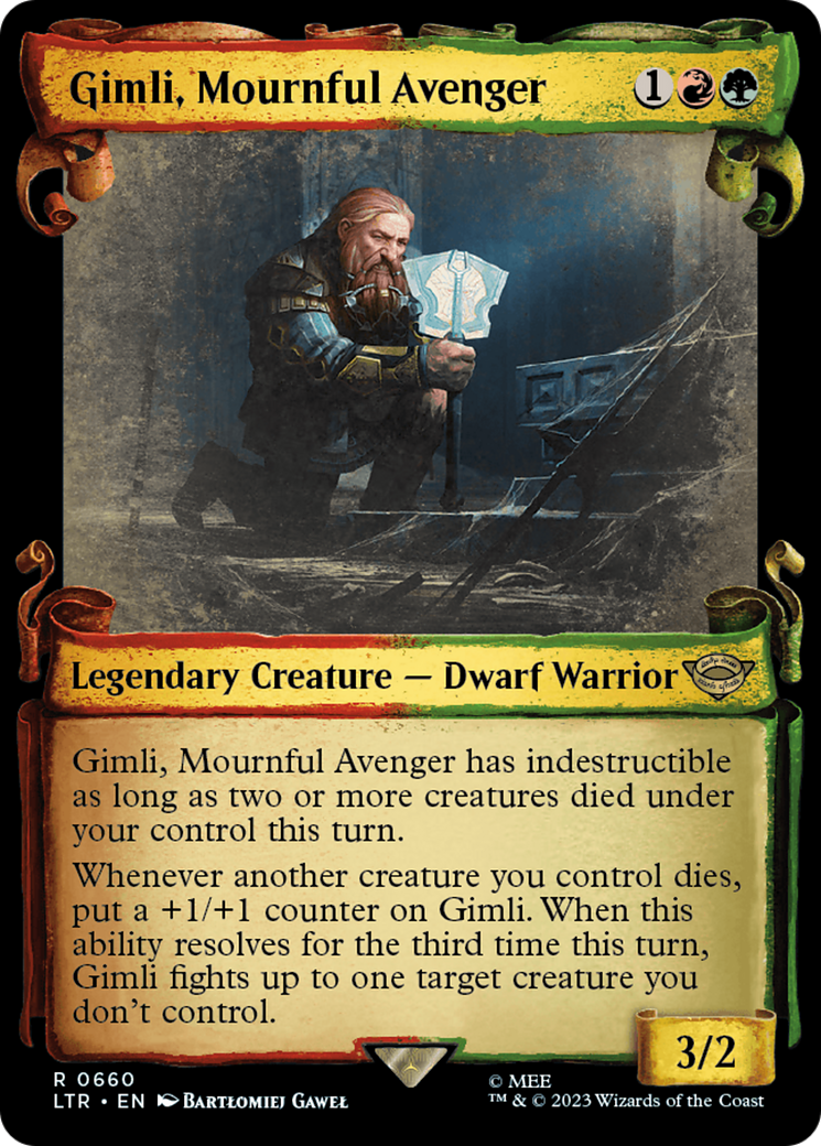 Gimli, Mournful Avenger (Showcase Scrolls) (LTR-660) [The Lord of the Rings: Tales of Middle-earth] (Showcase) Foil MTG Single Wizards of the Coast