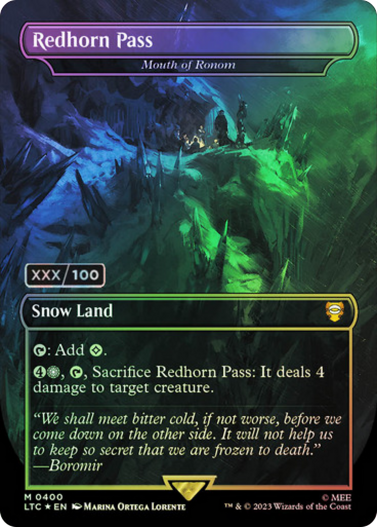 Redhorn Pass - Mouth of Ronom (Serial Numbered) (LTC-400) [Tales of Middle-earth Commander] (Borderless) Foil MTG Single Wizards of the Coast