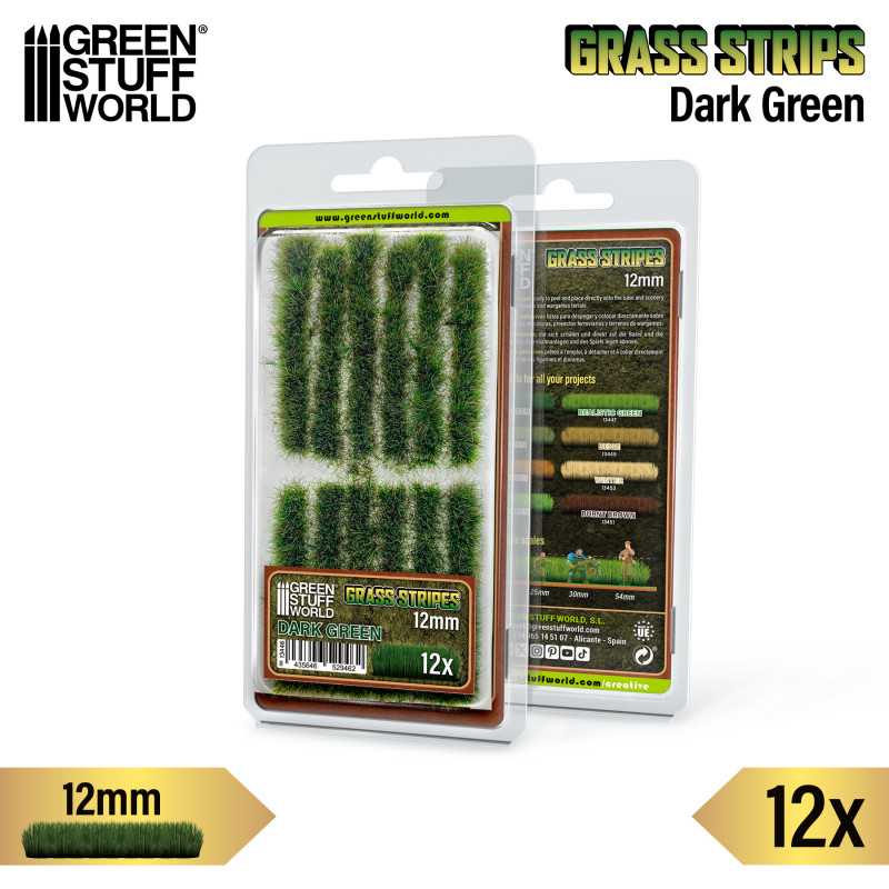 Green Stuff World: Grass Strips - Dark Green 12mm 12x Basing Materials Green Stuff World