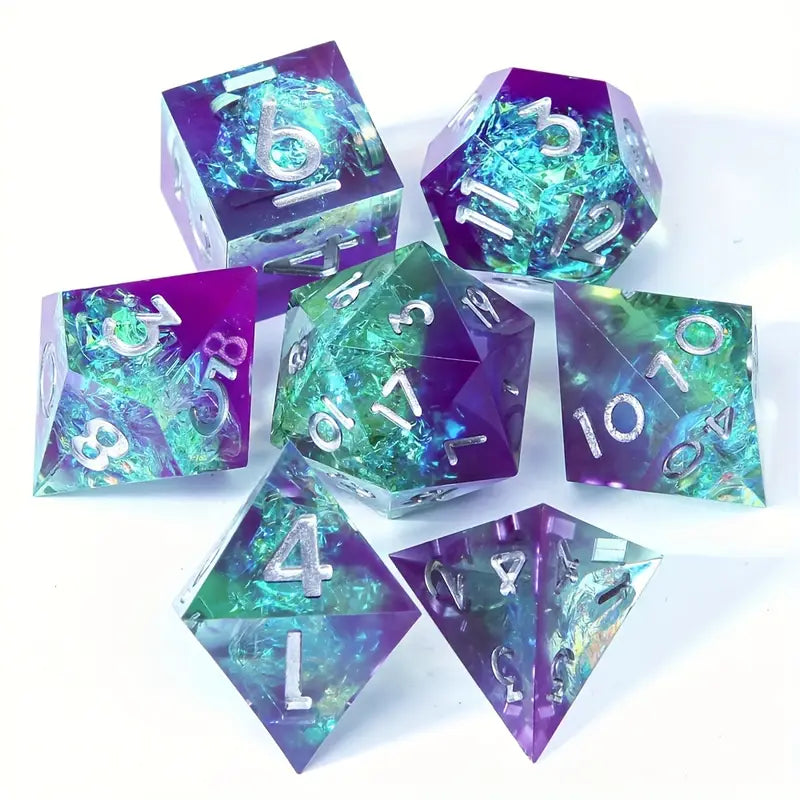 Seriously Good Dice: Liquid Core 7 Die Set Green and Purple /Silver Dice & Gaming Accessories Taps Imports