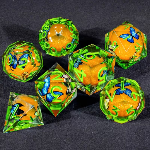 Seriously Good Dice: Sharp-Edged Resin 7 Die Set "Butterflies" Clear Orange w/ Green Dice & Gaming Accessories Taps Imports