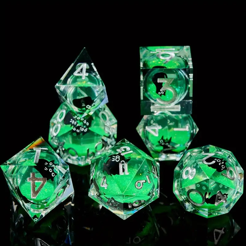 Seriously Good Dice: Floating Cat 7 Die Set "Green Kitten" Dice & Gaming Accessories Taps Imports