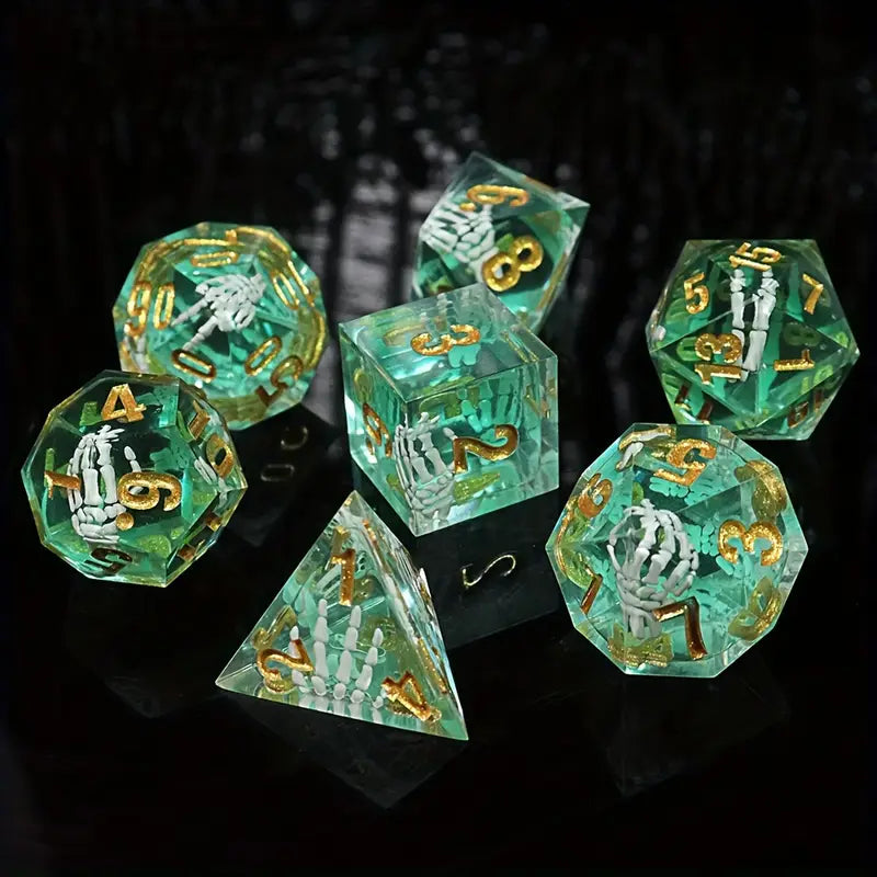 Seriously Good Dice: Sharp-Edged Resin 7 Die Set Green "Skeletal Hand" Dice & Gaming Accessories Taps Imports