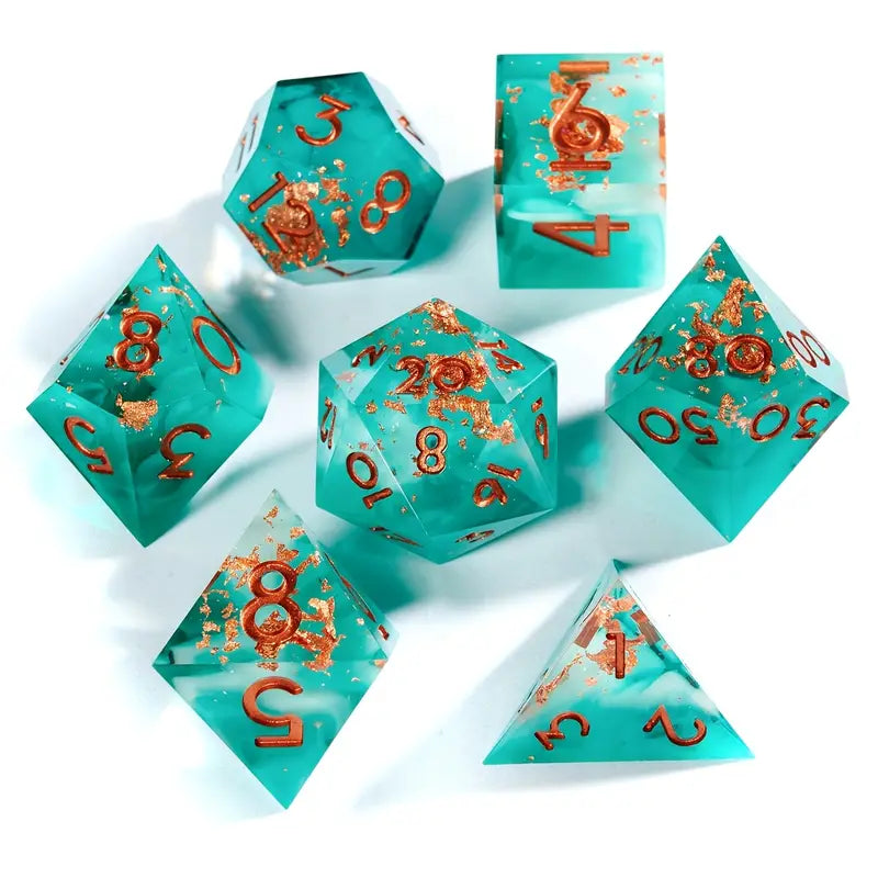 Seriously Good Dice: Sharp-Edged Resin 7 Die Set Teal Gold Flakes w/Gold Dice & Gaming Accessories Taps Imports