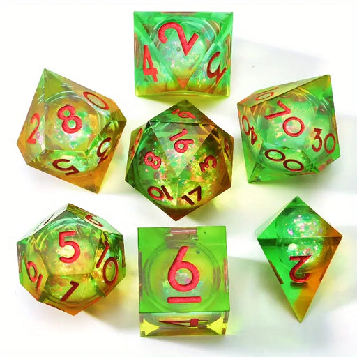 Seriously Good Dice: Liquid Core 7 Die Set "Rolling Quicksand" Green w/ Purple Dice & Gaming Accessories Taps Imports