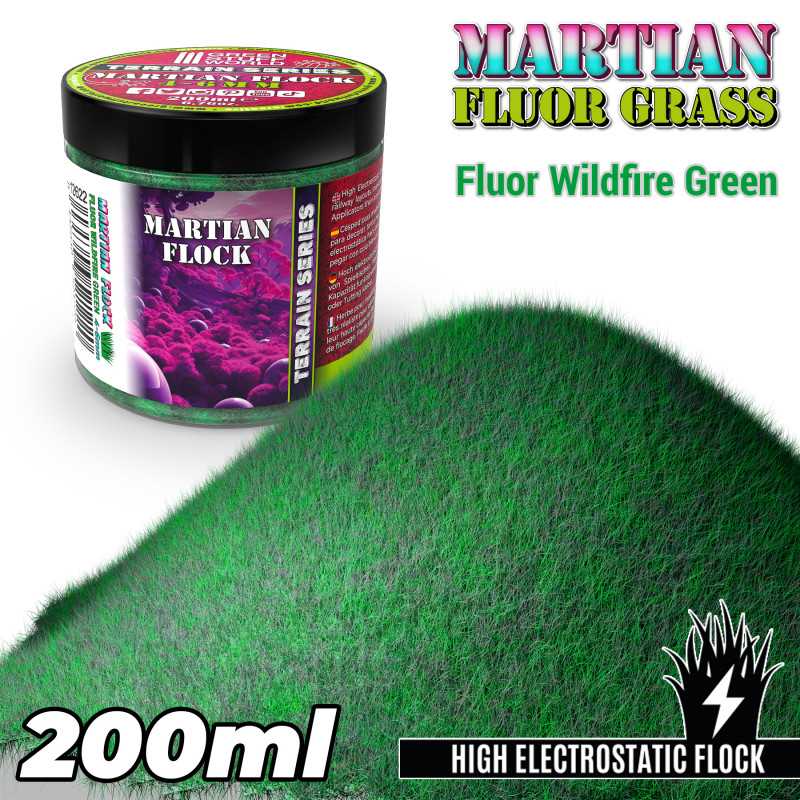 Green Stuff World: Martian Fluor Flock - Fluor Wildfire Green 200ml Basing Materials Green Stuff World
