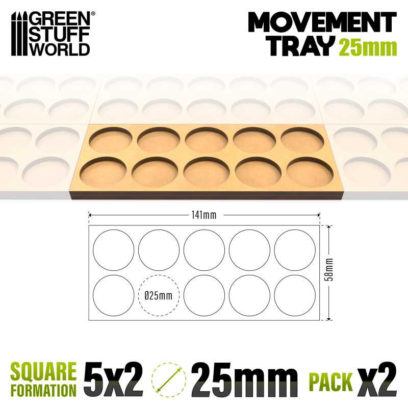 Green Stuff World: Movement Trays - Skirmish Lines 25mm 5x2 (2 Trays) Tabletop Accessories Green Stuff World