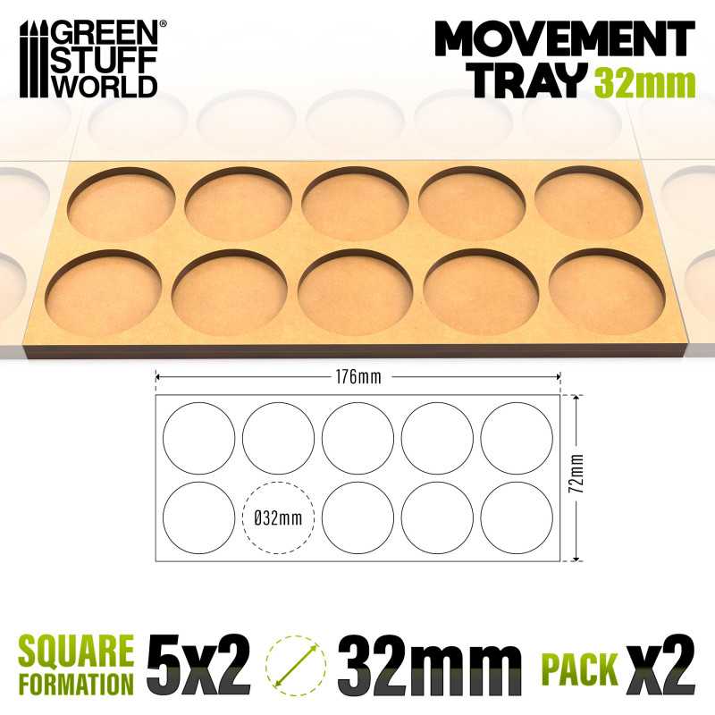 Green Stuff World: Movement Trays - Skirmish Lines 32mm 5x2 (2 Trays) Tabletop Accessories Green Stuff World