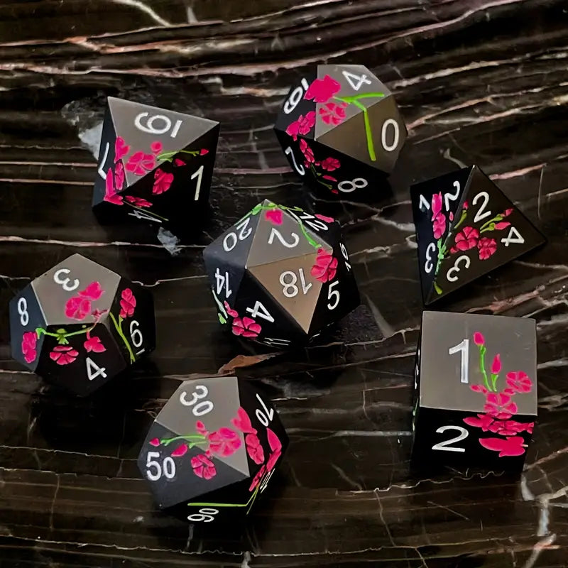 Seriously Good Dice: Metal 7 Die Set "Matte Black with Red Flowers" Dice & Gaming Accessories Taps Imports