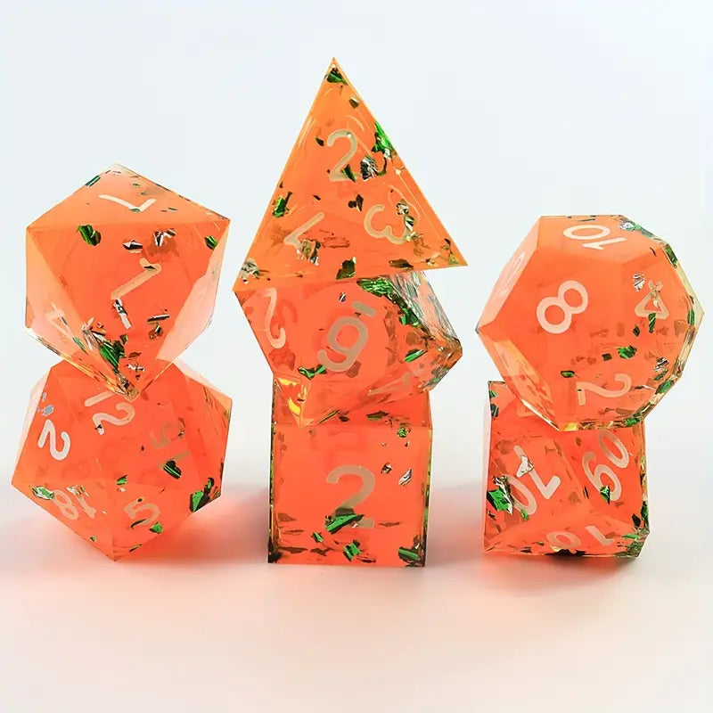 Seriously Good Dice: Sharpe Resin 7 Die Set "Orange and Glitter" Dice & Counters Taps Imports