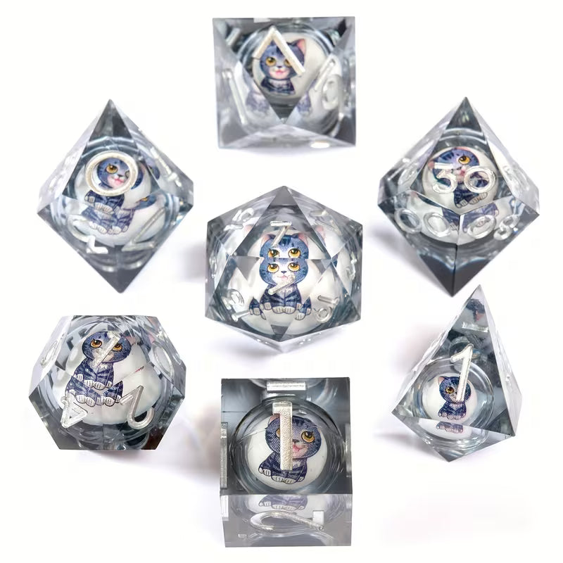 Seriously Good Dice: Sharp-Edged Resin 7 Die Set "Floating Cat" Dice & Gaming Accessories Taps Imports