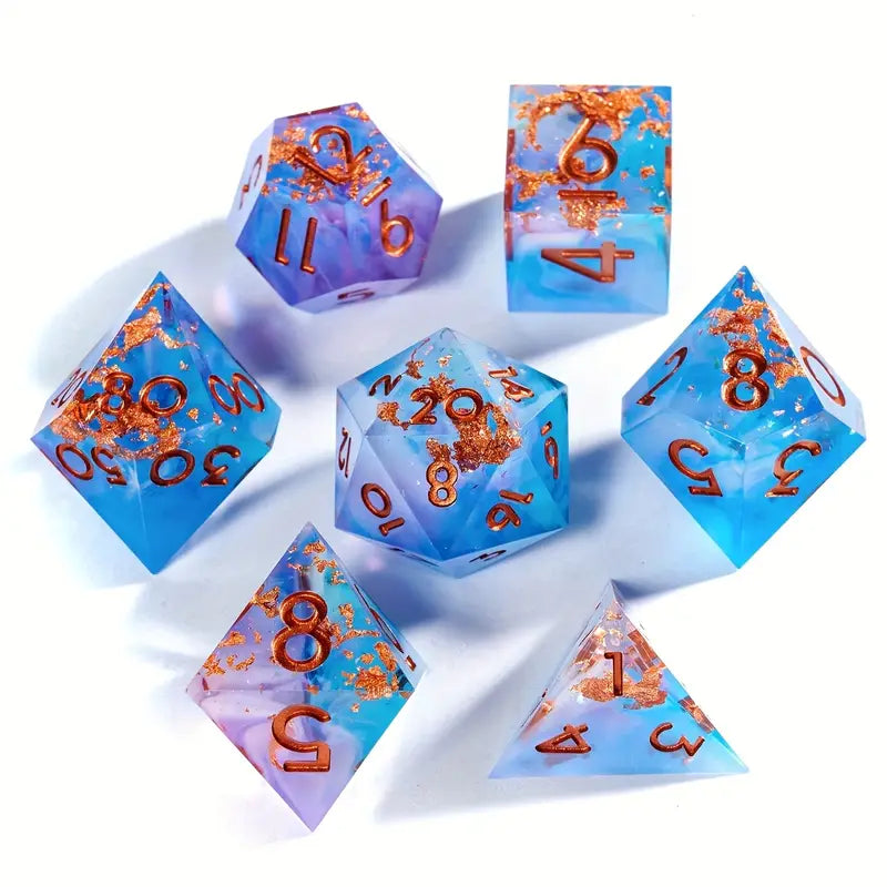 Seriously Good Dice: Sharp-Edged Resin 7 Die Set Blue and Gold Flakes w/Gold Dice & Gaming Accessories Taps Imports